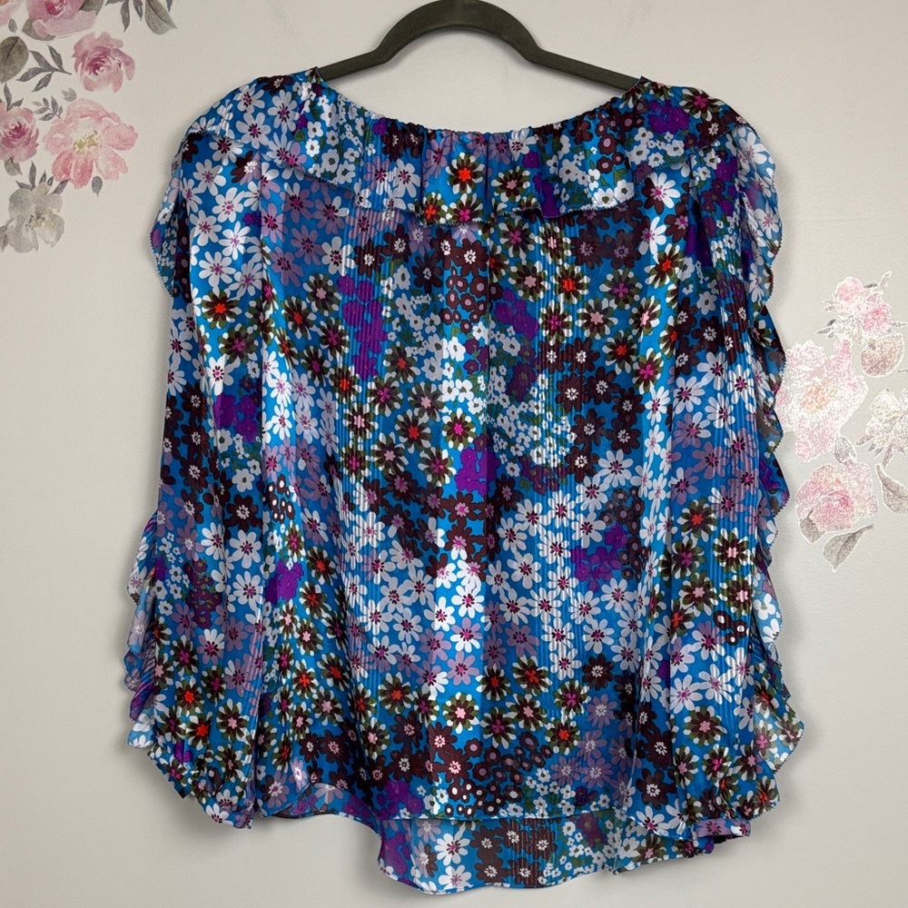 Kate Spade NY Floral Ruffle Blue and Purple 100% Silk Women's Top - M